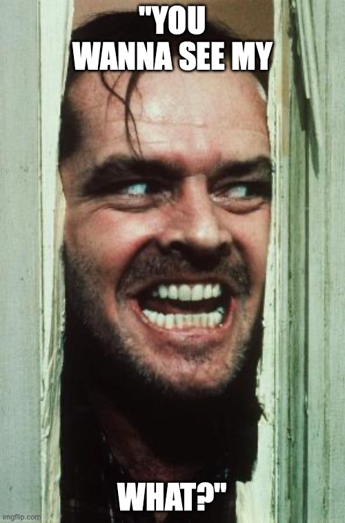 Here's Johnny | "YOU WANNA SEE MY; WHAT?" | image tagged in memes,here's johnny | made w/ Imgflip meme maker