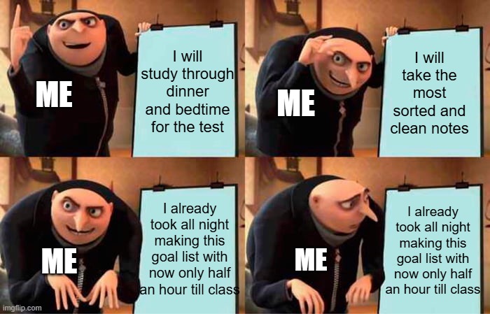 Darn | I will study through dinner and bedtime for the test; I will take the most sorted and clean notes; ME; ME; I already took all night making this goal list with now only half an hour till class; I already took all night making this goal list with now only half an hour till class; ME; ME | image tagged in memes,gru's plan | made w/ Imgflip meme maker