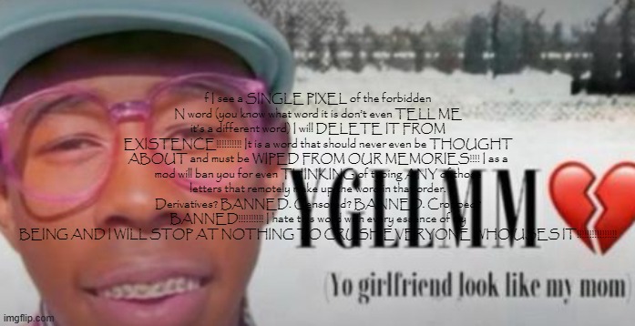 f I see a SINGLE PIXEL of the forbidden N word (you know what word it is don’t even TELL ME it’s a different word) I will DELETE | f I see a SINGLE PIXEL of the forbidden N word (you know what word it is don’t even TELL ME it’s a different word) I will DELETE IT FROM EXISTENCE!!!!!!!!!! It is a word that should never even be THOUGHT ABOUT and must be WIPED FROM OUR MEMORIES!!!! I as a mod will ban you for even THINKING of typing ANY of those letters that remotely make up the word in that order. Derivatives? BANNED. Censored? BANNED. Cropped? BANNED!!!!!!!!!! I hate this word with every essence of my BEING AND I WILL STOP AT NOTHING TO CRUSH EVERYONE WHO USES IT!!!!!!!!!!!!!!!! | image tagged in ygllmm | made w/ Imgflip meme maker
