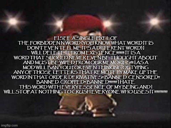 if I see a SINGLE PIXEL of the forbidden N word (you know what word it is don’t even TELL ME it’s a different word) I will DELET | F I SEE A SINGLE PIXEL OF THE FORBIDDEN N WORD (YOU KNOW WHAT WORD IT IS DON’T EVEN TELL ME IT’S A DIFFERENT WORD) I WILL DELETE IT FROM EXISTENCE!!!!!!!!!! IT IS A WORD THAT SHOULD NEVER EVEN BE THOUGHT ABOUT AND MUST BE WIPED FROM OUR MEMORIES!!!! I AS A MOD WILL BAN YOU FOR EVEN THINKING OF TYPING ANY OF THOSE LETTERS THAT REMOTELY MAKE UP THE WORD IN THAT ORDER. DERIVATIVES? BANNED. CENSORED? BANNED. CROPPED? BANNED!!!!!!!!!! I HATE THIS WORD WITH EVERY ESSENCE OF MY BEING AND I WILL STOP AT NOTHING TO CRUSH EVERYONE WHO USES IT!!!!!!!!!!!!!!!! | image tagged in gangsta mario | made w/ Imgflip meme maker