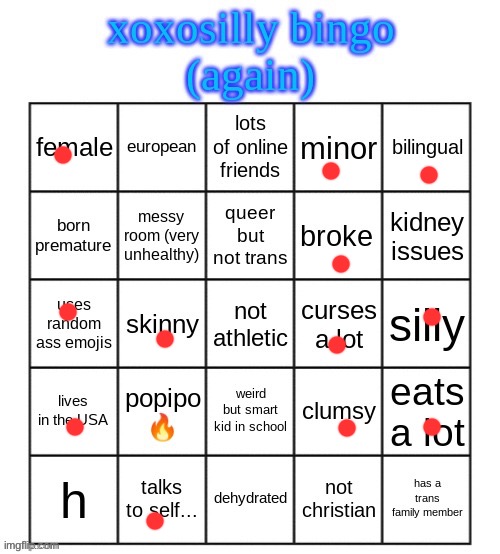 xoxosilly bingo AGAIN | image tagged in xoxosilly bingo again | made w/ Imgflip meme maker