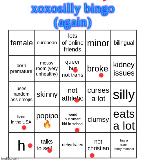 xoxosilly bingo AGAIN | image tagged in xoxosilly bingo again | made w/ Imgflip meme maker