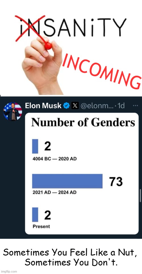 Identity or Reality? Pick one... | INCOMING; Sometimes You Feel Like a Nut, 
Sometimes You Don't. | image tagged in sometimes i wonder,two genders,elon musk,female,male,political humor | made w/ Imgflip meme maker