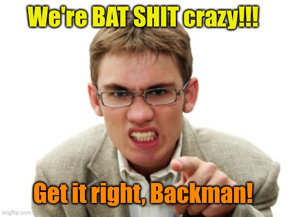 Angry Liberal | We're BAT SHIT crazy!!! Get it right, Backman! | image tagged in angry liberal | made w/ Imgflip meme maker