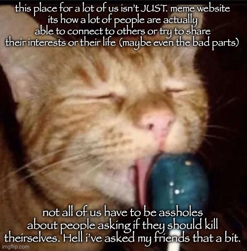JUST a meme website* | this place for a lot of us isn’t JUST. meme website
its how a lot of people are actually able to connect to others or try to share their interests or their life (maybe even the bad parts); not all of us have to be assholes about people asking if they should kill theirselves. Hell i’ve asked my friends that a bit. | image tagged in silly goober 2 | made w/ Imgflip meme maker