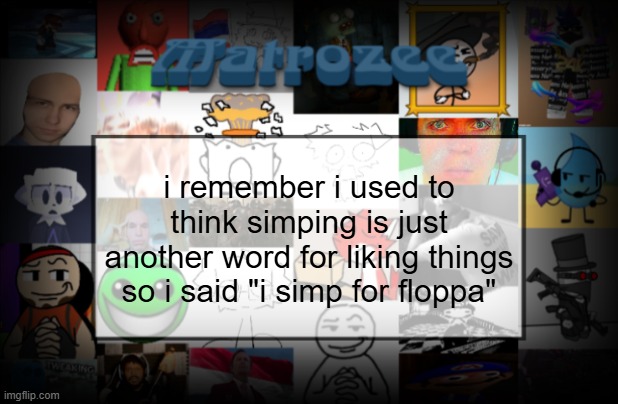 sorry for this | i remember i used to think simping is just another word for liking things so i said "i simp for floppa" | image tagged in matrozee template v2 | made w/ Imgflip meme maker