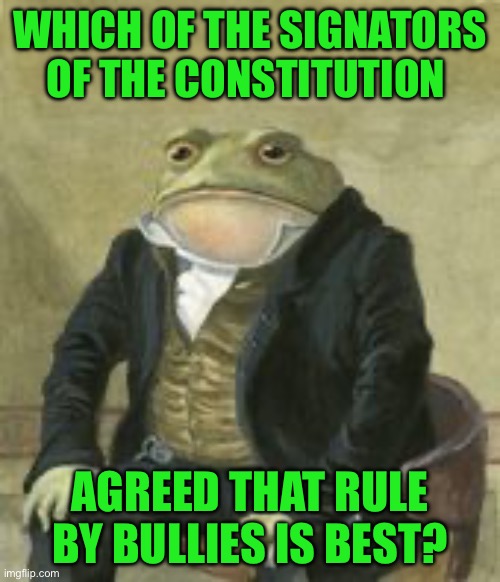 Colonel Toad | WHICH OF THE SIGNATORS OF THE CONSTITUTION; AGREED THAT RULE BY BULLIES IS BEST? | image tagged in colonel toad | made w/ Imgflip meme maker