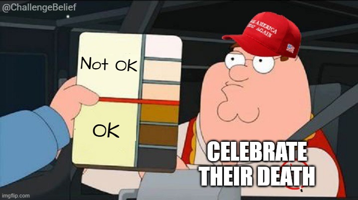 OK to celebrate their death? | @ChallengeBelief; Not OK; OK; CELEBRATE THEIR DEATH | image tagged in maga racist blank | made w/ Imgflip meme maker