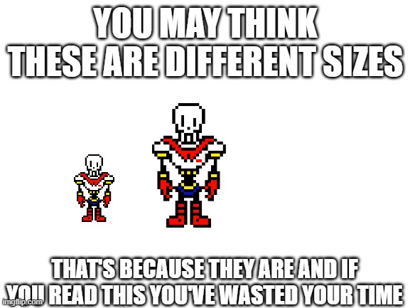 Optical illusion | YOU MAY THINK THESE ARE DIFFERENT SIZES; THAT'S BECAUSE THEY ARE AND IF YOU READ THIS YOU'VE WASTED YOUR TIME | image tagged in blank white template,funny,memes,the fitness gram pacer test is a,why are you reading the tags | made w/ Imgflip meme maker
