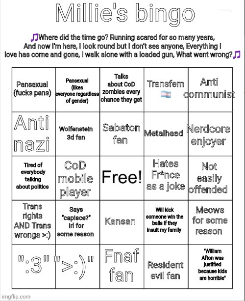 Millie's bingo | image tagged in millie's bingo | made w/ Imgflip meme maker
