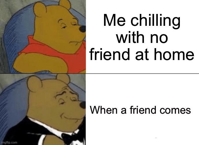 The sigma | Me chilling with no friend at home; When a friend comes | image tagged in memes,tuxedo winnie the pooh | made w/ Imgflip meme maker