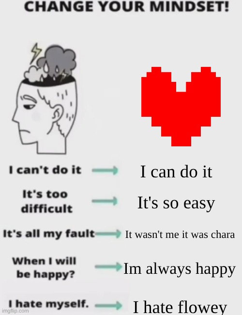 Chara! You can't give up now! Stay determined! | I can do it; It's so easy; It wasn't me it was chara; Im always happy; I hate flowey | image tagged in change your mindset | made w/ Imgflip meme maker