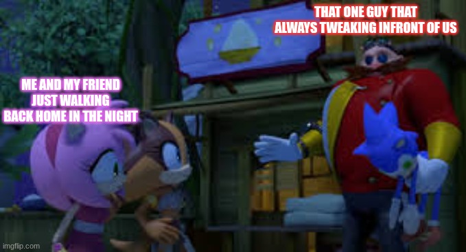 Sonic boom meme | THAT ONE GUY THAT ALWAYS TWEAKING INFRONT OF US; ME AND MY FRIEND JUST WALKING BACK HOME IN THE NIGHT | image tagged in fun,funny,sonic the hedgehog | made w/ Imgflip meme maker