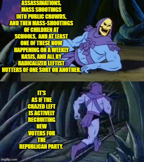 Effectively, this is ALL that these insane and violent leftists are really accomplishing. | ASSASSINATIONS, MASS SHOOTINGS INTO PUBLIC CROWDS, AND THEN MASS-SHOOTINGS OF CHILDREN AT SCHOOLS,  AND AT LEAST ONE OF THESE NOW HAPPENING ON A WEEKLY BASIS, AND ALL BY RADICALIZED LEFTIST NUTTERS OF ONE SORT OR ANOTHER. IT'S AS IF THE CRAZED LEFT IS ACTIVELY RECRUITING NEW VOTERS FOR THE REPUBLICAN PARTY. | image tagged in skeletor disturbing facts | made w/ Imgflip meme maker
