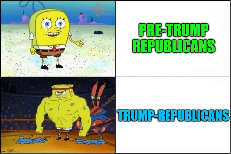 Observing this evolution has been interesting. | PRE-TRUMP REPUBLICANS; TRUMP-REPUBLICANS | image tagged in weak vs strong spongebob | made w/ Imgflip meme maker