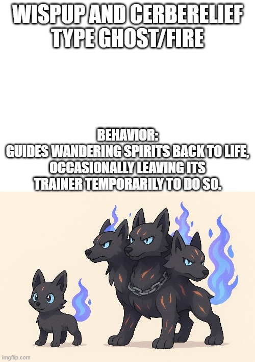 new fakemon | WISPUP AND CERBERELIEF
TYPE GHOST/FIRE; BEHAVIOR:
GUIDES WANDERING SPIRITS BACK TO LIFE, OCCASIONALLY LEAVING ITS TRAINER TEMPORARILY TO DO SO. | image tagged in pokemon,fakmeon | made w/ Imgflip meme maker