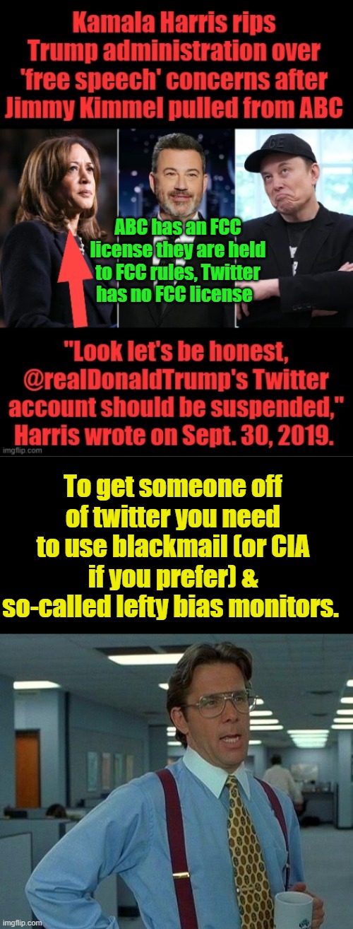 One is gov. protecting US public airways from liars & filth. The other is what Dems do, trying to silence free speech. | ABC has an FCC license they are held to FCC rules, Twitter has no FCC license; To get someone off of twitter you need to use blackmail (or CIA if you prefer) & so-called lefty bias monitors. | image tagged in memes,that would be great | made w/ Imgflip meme maker