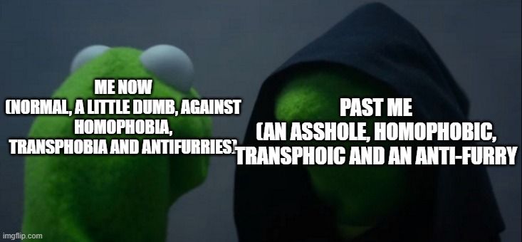 I hate my old self | PAST ME
(AN ASSHOLE, HOMOPHOBIC, TRANSPHOIC AND AN ANTI-FURRY; ME NOW
(NORMAL, A LITTLE DUMB, AGAINST HOMOPHOBIA, TRANSPHOBIA AND ANTIFURRIES) | image tagged in memes,evil kermit | made w/ Imgflip meme maker