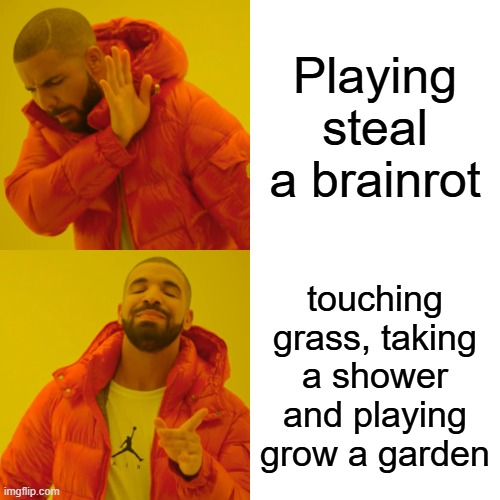 steal a brainrot or thesse things | Playing steal a brainrot; touching grass, taking a shower and playing grow a garden | image tagged in memes,drake hotline bling | made w/ Imgflip meme maker