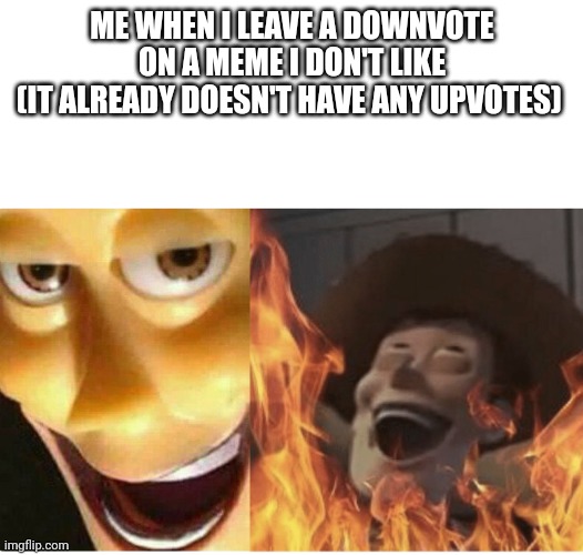 bro has negative upvotes now | ME WHEN I LEAVE A DOWNVOTE ON A MEME I DON'T LIKE
(IT ALREADY DOESN'T HAVE ANY UPVOTES) | image tagged in fire woody,satanic woody | made w/ Imgflip meme maker