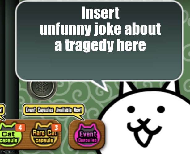 Haha death 9/11 tragedies Idfk man | Insert unfunny joke about a tragedy here | image tagged in the basic cat says something | made w/ Imgflip meme maker