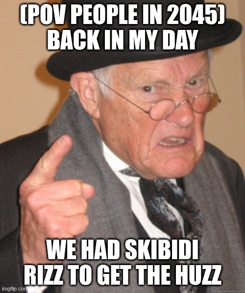 *gag* I didn't wanna use this talk its just cringe | (POV PEOPLE IN 2045)

BACK IN MY DAY; WE HAD SKIBIDI RIZZ TO GET THE HUZZ | image tagged in memes,back in my day | made w/ Imgflip meme maker