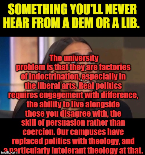 We have made the cost of conviction so high that capable, principled people retreat from public engagement entirely. | SOMETHING YOU'LL NEVER HEAR FROM A DEM OR A LIB. The university problem is that they are factories of indoctrination, especially in the liberal arts. Real politics requires engagement with difference, the ability to live alongside those you disagree with, the skill of persuasion rather than coercion. Our campuses have replaced politics with theology, and a particularly intolerant theology at that. | image tagged in crazy aoc | made w/ Imgflip meme maker