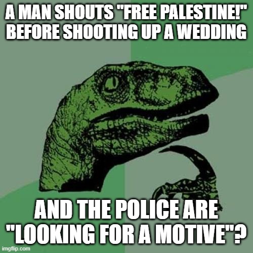 Philosoraptor | A MAN SHOUTS "FREE PALESTINE!" BEFORE SHOOTING UP A WEDDING; AND THE POLICE ARE "LOOKING FOR A MOTIVE"? | image tagged in memes,philosoraptor | made w/ Imgflip meme maker