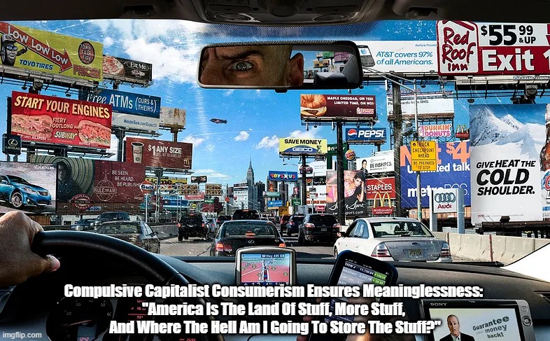 Capitalist Consumerism Ensures Meaninglessness | Compulsive Capitalist Consumerism Ensures Meaninglessness: 
"America Is The Land Of Stuff, More Stuff, 
And Where The Hell Am I Going To Store The Stuff?" | image tagged in capitalism,consumerism,stuff,acquisitiveness,political manipulation,capitalist wants become needs | made w/ Imgflip meme maker