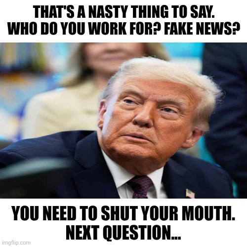 Blank Transparent Square Meme | THAT'S A NASTY THING TO SAY. WHO DO YOU WORK FOR? FAKE NEWS? YOU NEED TO SHUT YOUR MOUTH.
NEXT QUESTION... | image tagged in memes,blank transparent square | made w/ Imgflip meme maker