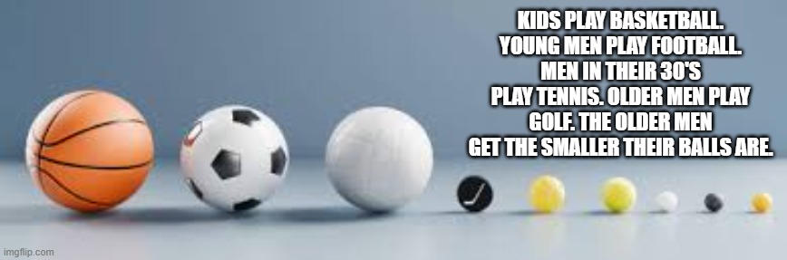 The older men get, the smaller their balls are.  --  funny -- | KIDS PLAY BASKETBALL. YOUNG MEN PLAY FOOTBALL. MEN IN THEIR 30'S PLAY TENNIS. OLDER MEN PLAY GOLF. THE OLDER MEN GET THE SMALLER THEIR BALLS ARE. | image tagged in sports,balls,funny,humor,play on words | made w/ Imgflip meme maker