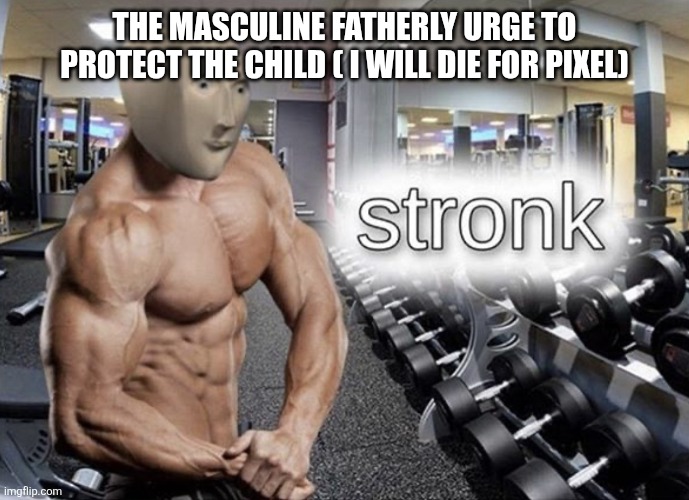 Meme man stronk | THE MASCULINE FATHERLY URGE TO PROTECT THE CHILD ( I WILL DIE FOR PIXEL) | image tagged in meme man stronk | made w/ Imgflip meme maker