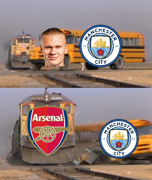 ARSENAL - MAN CITY 1:1 = LIVERPOOL HAD A GOOD WEEK FIRST THEY WON AGAINST EVERTON, CHELSEA LOSE, THEN THEY DREW | image tagged in a train hitting a school bus,arsenal,manchester city,premier league,football,soccer | made w/ Imgflip meme maker