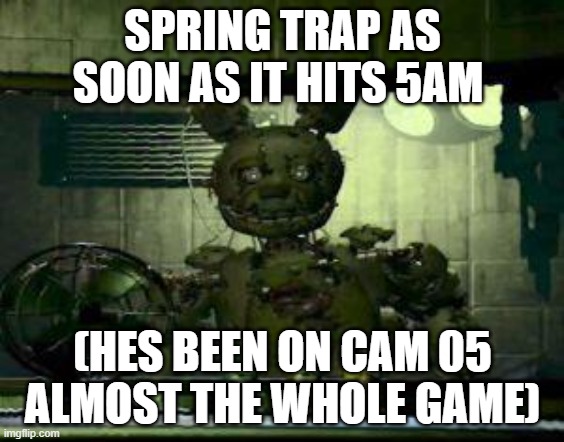 FNAF Springtrap in window | SPRING TRAP AS SOON AS IT HITS 5AM; (HES BEEN ON CAM 05 ALMOST THE WHOLE GAME) | image tagged in fnaf springtrap in window | made w/ Imgflip meme maker