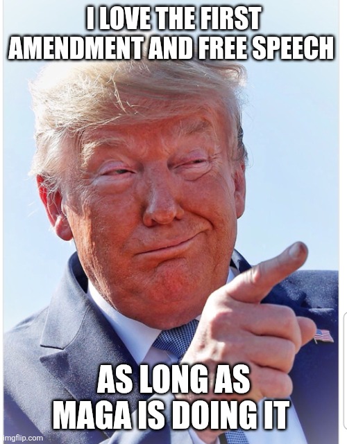 Trump pointing | I LOVE THE FIRST AMENDMENT AND FREE SPEECH AS LONG AS MAGA IS DOING IT | image tagged in trump pointing | made w/ Imgflip meme maker