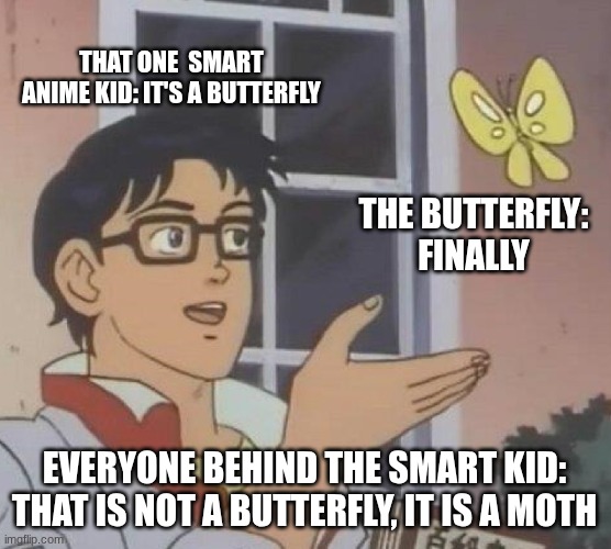 Smart boi | THAT ONE  SMART ANIME KID: IT'S A BUTTERFLY; THE BUTTERFLY: FINALLY; EVERYONE BEHIND THE SMART KID: THAT IS NOT A BUTTERFLY, IT IS A MOTH | image tagged in memes,is this a pigeon,butterfly | made w/ Imgflip meme maker
