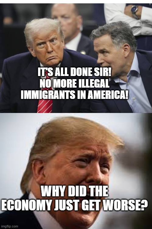 When the president deports every single Illegal immigrant | IT'S ALL DONE SIR! NO MORE ILLEGAL IMMIGRANTS IN AMERICA! WHY DID THE ECONOMY JUST GET WORSE? | image tagged in political meme | made w/ Imgflip meme maker
