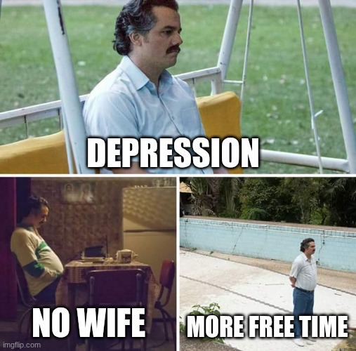 No wife | DEPRESSION; NO WIFE; MORE FREE TIME | image tagged in memes,sad pablo escobar,no wife,more free time | made w/ Imgflip meme maker