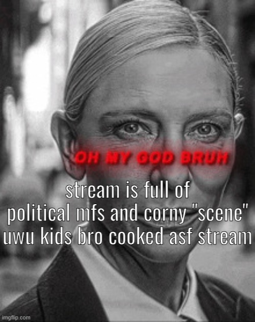 Oh my god bruh | stream is full of political mfs and corny "scene" uwu kids bro cooked asf stream | image tagged in oh my god bruh | made w/ Imgflip meme maker
