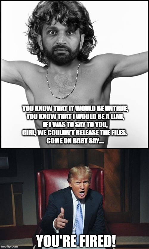 The Dorks | YOU KNOW THAT IT WOULD BE UNTRUE,
YOU KNOW THAT I WOULD BE A LIAR,
IF I WAS TO SAY TO YOU,
GIRL, WE COULDN'T RELEASE THE FILES. 
COME ON BABY SAY.... YOU'RE FIRED! | image tagged in donald trump you're fired | made w/ Imgflip meme maker