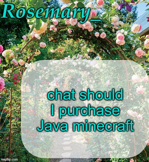 I've played Bedrock for five years, but I've never owned Java | chat should I purchase Java minecraft | image tagged in rosemary_ template | made w/ Imgflip meme maker