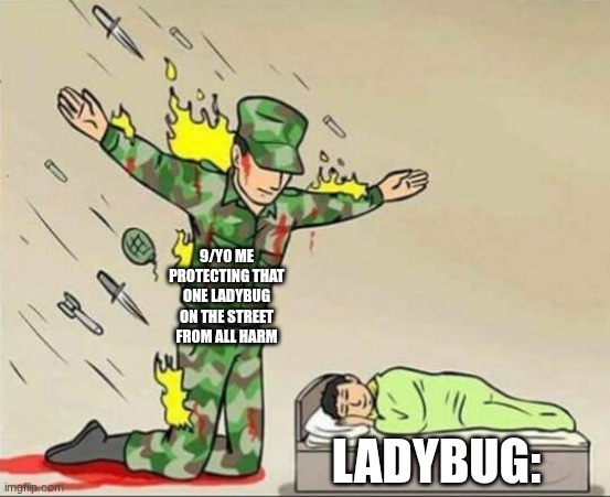 literally every kid | 9/YO ME PROTECTING THAT ONE LADYBUG ON THE STREET FROM ALL HARM; LADYBUG: | image tagged in soldier protecting sleeping child | made w/ Imgflip meme maker