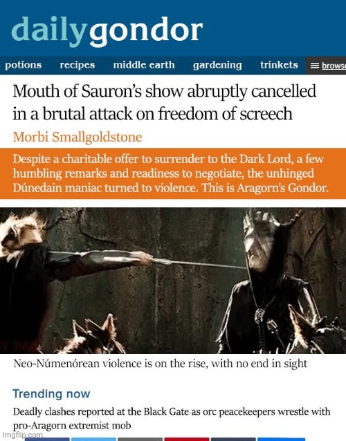 Orcs stage peaceful protest outside Minas Tirith until the Far-right Rohirrim showed up | image tagged in parody | made w/ Imgflip meme maker