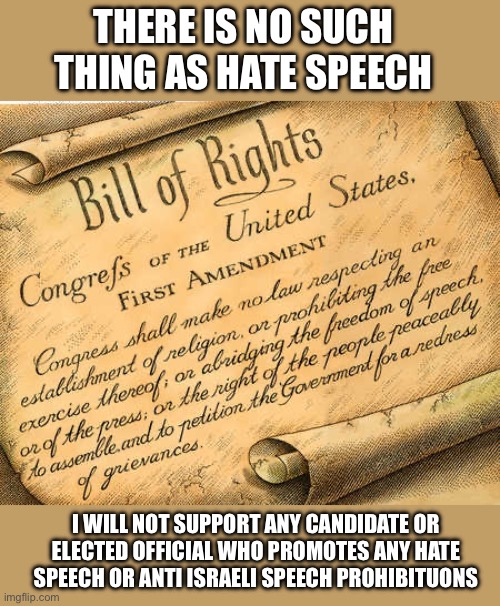 No such thing as Hate speech, only speech you hate | THERE IS NO SUCH THING AS HATE SPEECH; I WILL NOT SUPPORT ANY CANDIDATE OR ELECTED OFFICIAL WHO PROMOTES ANY HATE SPEECH OR ANTI ISRAELI SPEECH PROHIBITUONS | image tagged in first amendment,no anti israel speech laws,pam bondi is wrong,voltairian definition of hate speech | made w/ Imgflip meme maker