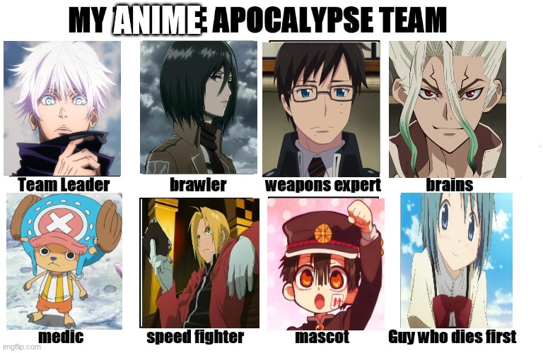My Zombie Apocalypse Team | ANIME | image tagged in my zombie apocalypse team | made w/ Imgflip meme maker