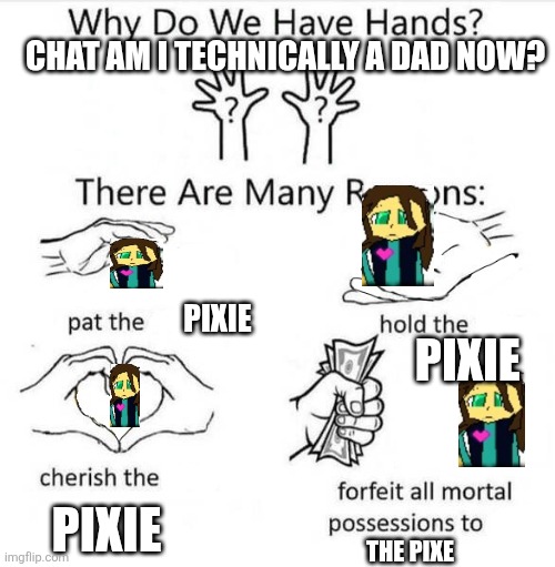 Guess am I dad now | CHAT AM I TECHNICALLY A DAD NOW? PIXIE; PIXIE; PIXIE; THE PIXE | image tagged in why do we have hands | made w/ Imgflip meme maker