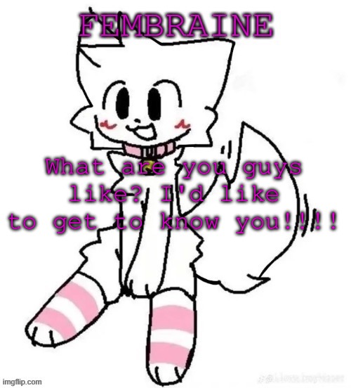 Fembraine template | What are you guys like? I'd like to get to know you!!!! | image tagged in fembraine template | made w/ Imgflip meme maker