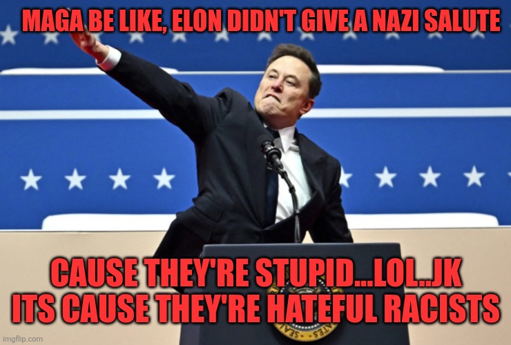 Nazi Elon | MAGA BE LIKE, ELON DIDN'T GIVE A NAZI SALUTE; CAUSE THEY'RE STUPID...LOL..JK ITS CAUSE THEY'RE HATEFUL RACISTS | image tagged in nazi elon | made w/ Imgflip meme maker