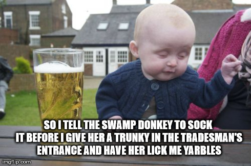 Way too Brit-Drunk Baby. | SO I TELL THE SWAMP DONKEY TO SOCK IT BEFORE I GIVE HER A TRUNKY IN THE TRADESMAN'S ENTRANCE AND HAVE HER LICK ME YARBLES | image tagged in memes,drunk baby,funny,you're drunk,drunk,england | made w/ Imgflip meme maker