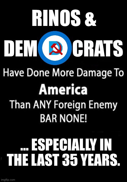 They’ve allowed the CCP to become the threat that they currently are, among other things… | RINOS &; … ESPECIALLY IN THE LAST 35 YEARS. | image tagged in political meme,democrats,rinos,damage to america,35 years | made w/ Imgflip meme maker
